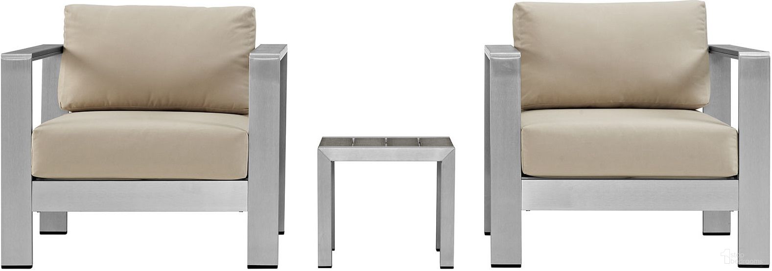 The appearance of Shore Silver Beige 3 Piece Outdoor Patio Aluminum Set EEI-2599-SLV-BEI designed by Modway in the modern / contemporary interior design. This silver beige piece of furniture was selected by 1StopBedrooms from Shore Collection to add a touch of cosiness and style into your home. Sku: EEI-2248-SLV-GRY;EEI-2266-SLV-BEI;EEI-2266-SLV-BEI. Material: Wood.