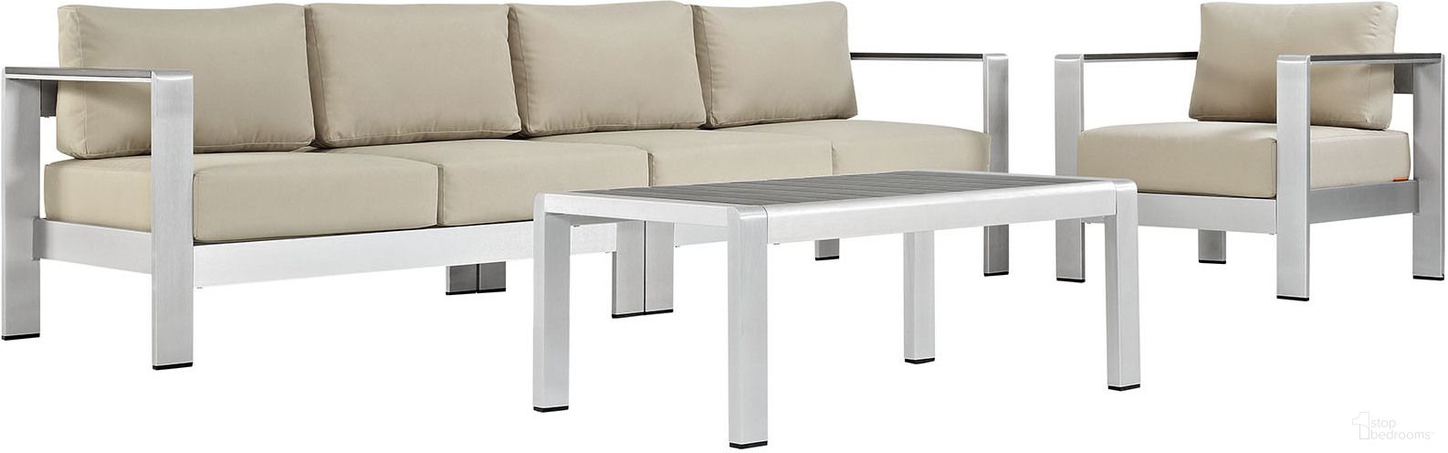 The appearance of Shore Silver Beige 4 Piece Outdoor Patio Aluminum Sectional Sofa Set EEI-2563-SLV-BEI designed by Modway in the modern / contemporary interior design. This silver beige piece of furniture  was selected by 1StopBedrooms from Shore Collection to add a touch of cosiness and style into your home. Sku: EEI-2262-SLV-BEI;EEI-2265-SLV-BEI;EEI-2266-SLV-BEI;EEI-2268-SLV-GRY. Material: Wood.