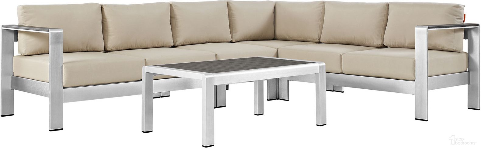The appearance of Shore Silver Beige 5 Piece Outdoor Patio Aluminum Sectional Sofa Set EEI-2557-SLV-BEI designed by Modway in the modern / contemporary interior design. This silver beige piece of furniture  was selected by 1StopBedrooms from Shore Collection to add a touch of cosiness and style into your home. Sku: EEI-2262-SLV-BEI;EEI-2263-SLV-BEI;EEI-2264-SLV-BEI;EEI-2265-SLV-BEI;EEI-2268-SLV-GRY. Material: Wood.