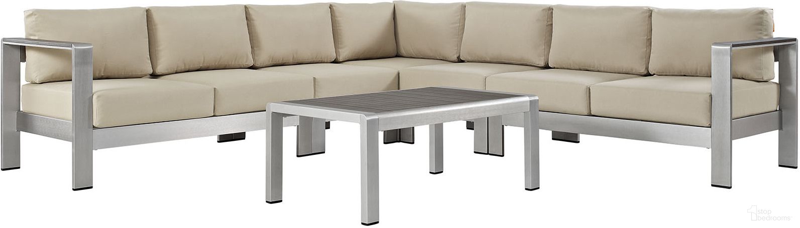 The appearance of Shore Silver Beige 6 Piece Outdoor Patio Aluminum Sectional Sofa Set EEI-2561-SLV-BEI designed by Modway in the modern / contemporary interior design. This silver beige piece of furniture  was selected by 1StopBedrooms from Shore Collection to add a touch of cosiness and style into your home. Sku: EEI-2262-SLV-BEI;EEI-2263-SLV-BEI;EEI-2264-SLV-BEI;EEI-2265-SLV-BEI;EEI-2268-SLV-GRY;EEI-2263-SLV-BEI. Material: Wood.