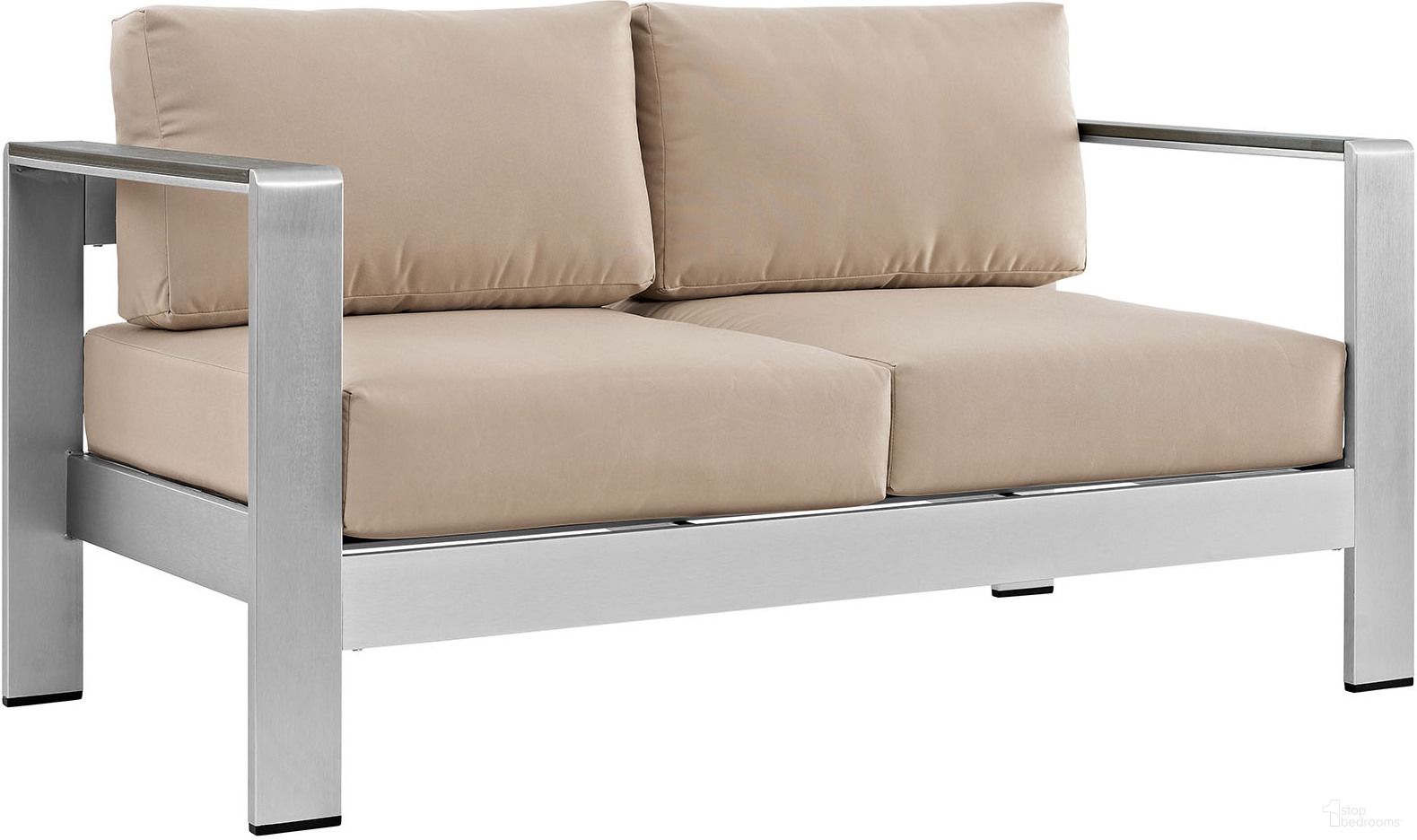 The appearance of Shore Silver Beige Outdoor Patio Aluminum Loveseat designed by Modway in the modern / contemporary interior design. This silver beige piece of furniture  was selected by 1StopBedrooms from Shore Collection to add a touch of cosiness and style into your home. Sku: EEI-2267-SLV-BEI. Material: Polyester.