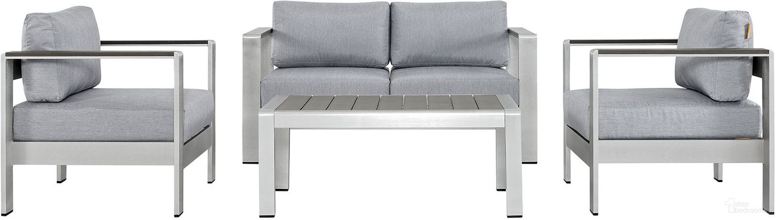 The appearance of Shore Silver Gray 4 Piece Outdoor Patio Aluminum Sectional Sofa Set EEI-2567-SLV-GRY designed by Modway in the modern / contemporary interior design. This silver gray piece of furniture  was selected by 1StopBedrooms from Shore Collection to add a touch of cosiness and style into your home. Sku: EEI-2266-SLV-GRY;EEI-2266-SLV-GRY;EEI-2267-SLV-GRY;EEI-2268-SLV-GRY. Material: Wood.