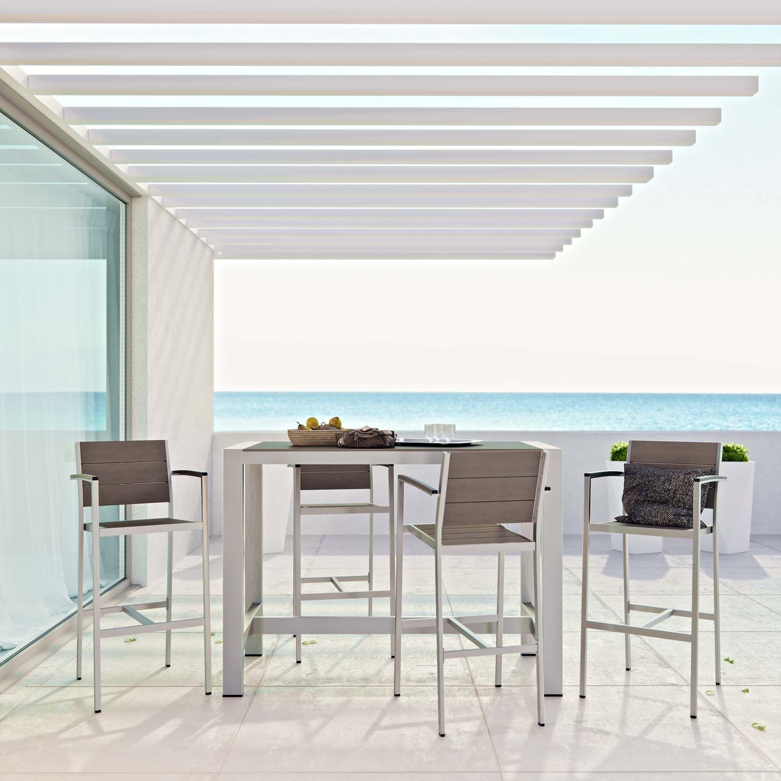 The appearance of Shore Silver Gray 5 Piece Outdoor Patio Aluminum Dining Set EEI-2588-SLV-GRY-SET designed by Modway in the modern / contemporary interior design. This silver gray piece of furniture was selected by 1StopBedrooms from Shore Collection to add a touch of cosiness and style into your home. Sku: EEI-2253-SLV-GRY;EEI-2254-SLV-GRY-1;EEI-2254-SLV-GRY-1;EEI-2254-SLV-GRY-2;EEI-2254-SLV-GRY-2;EEI-2254-SLV-GRY-2;EEI-2254-SLV-GRY-2. Table Base Style: Legs. Material: Wood. Table Top Shape: Rectangular.