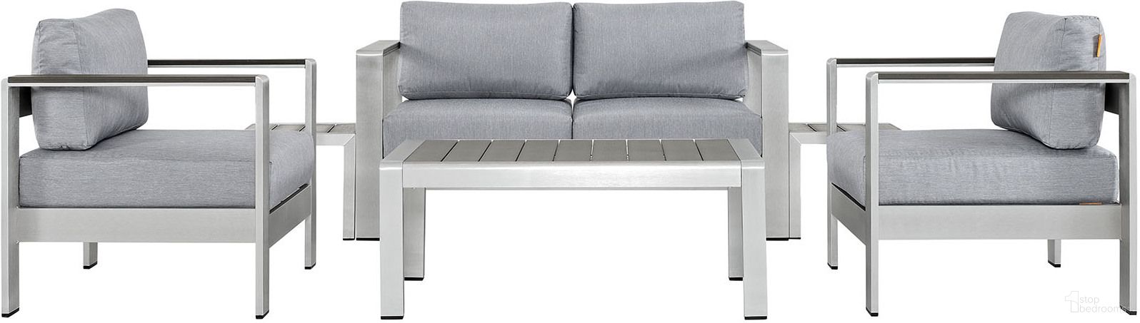 The appearance of Shore Silver Gray 6 Piece Outdoor Patio Aluminum Sectional Sofa Set EEI-2568-SLV-GRY designed by Modway in the modern / contemporary interior design. This silver gray piece of furniture  was selected by 1StopBedrooms from Shore Collection to add a touch of cosiness and style into your home. Sku: EEI-2248-SLV-GRY;EEI-2248-SLV-GRY;EEI-2266-SLV-GRY;EEI-2266-SLV-GRY;EEI-2267-SLV-GRY;EEI-2268-SLV-GRY. Material: Wood.