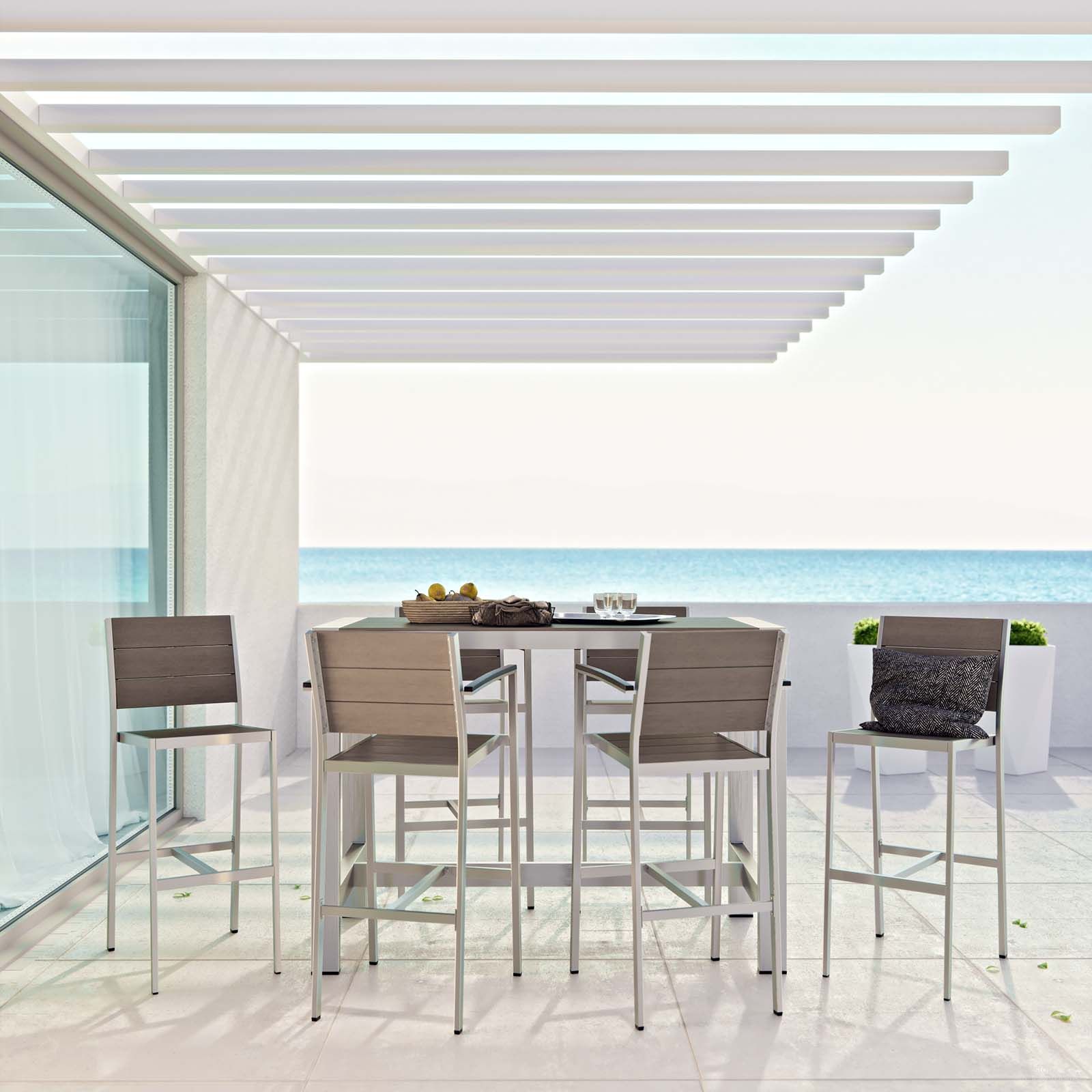 The appearance of Shore Silver Gray 7 Piece Outdoor Patio Aluminum Dining Set EEI-2587-SLV-GRY-SET designed by Modway in the modern / contemporary interior design. This silver gray piece of furniture was selected by 1StopBedrooms from Shore Collection to add a touch of cosiness and style into your home. Sku: EEI-2253-SLV-GRY;EEI-2254-SLV-GRY-1;EEI-2254-SLV-GRY-1;EEI-2254-SLV-GRY-2;EEI-2254-SLV-GRY-2;EEI-2254-SLV-GRY-2;EEI-2254-SLV-GRY-2;EEI-2255-SLV-GRY-1;EEI-2255-SLV-GRY-1;EEI-2255-SLV-GRY-2;EEI-2255-SLV-GRY-2. Table Base Style: Legs. Material: Wood. Table Top Shape: Rectangular.