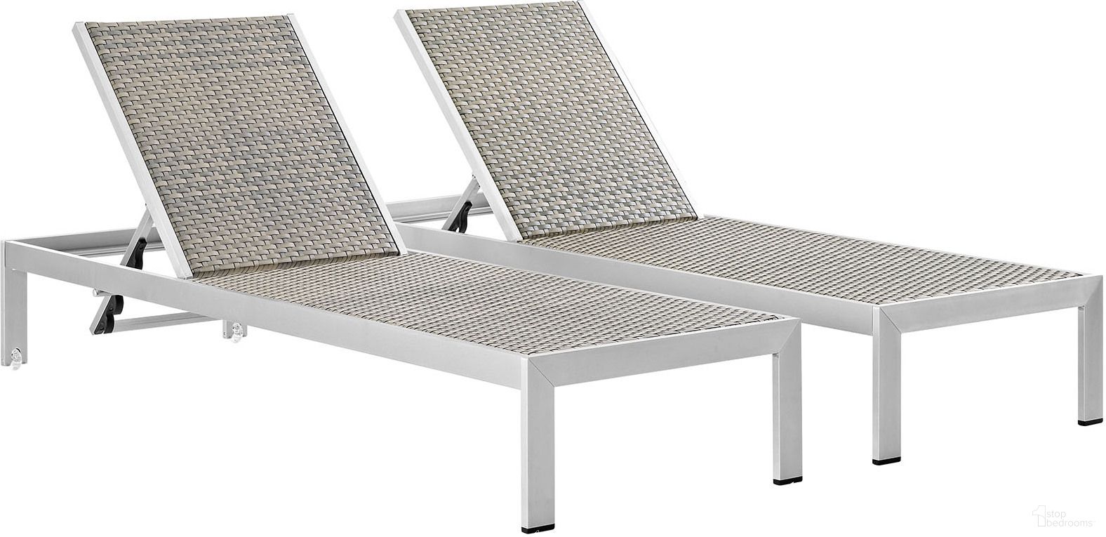 The appearance of Shore Silver Gray Chaise Outdoor Patio Aluminum Set of 2 EEI-2477-SLV-GRY-SET designed by Modway in the modern / contemporary interior design. This silver gray piece of furniture was selected by 1StopBedrooms from Shore Collection to add a touch of cosiness and style into your home. Sku: EEI-2250-SLV-GRY;EEI-2250-SLV-GRY. Material: Aluminum.