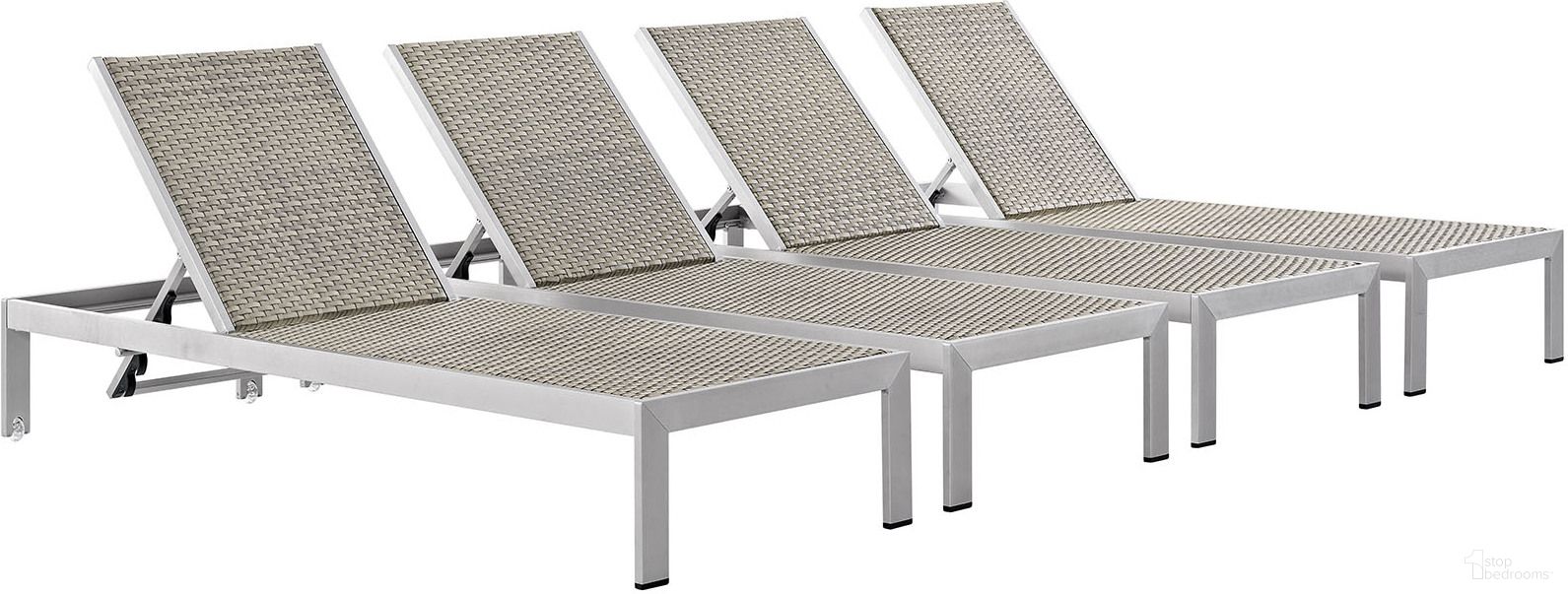 The appearance of Shore Silver Gray Chaise Outdoor Patio Aluminum Set of 4 EEI-2478-SLV-GRY-SET designed by Modway in the modern / contemporary interior design. This silver gray piece of furniture was selected by 1StopBedrooms from Shore Collection to add a touch of cosiness and style into your home. Sku: EEI-2250-SLV-GRY;EEI-2250-SLV-GRY;EEI-2250-SLV-GRY;EEI-2250-SLV-GRY. Material: Aluminum.