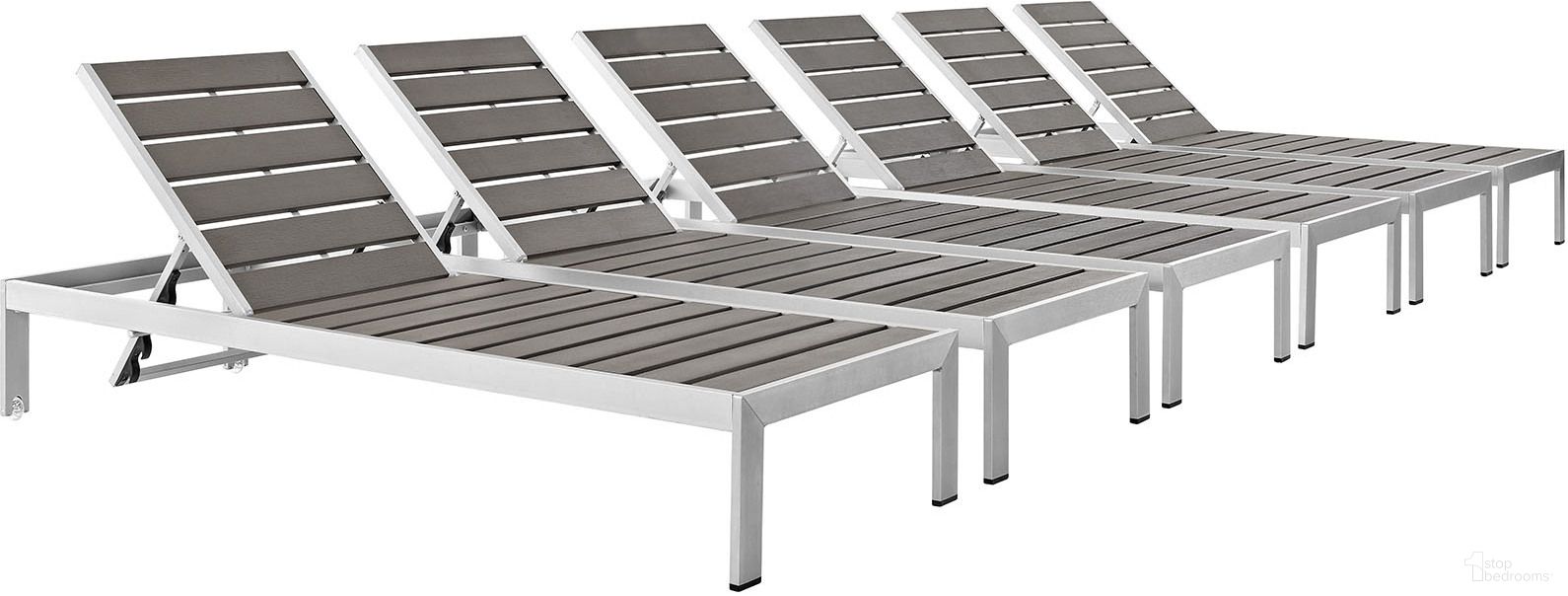 The appearance of Shore Silver Gray Chaise Outdoor Patio Aluminum Set of 6 EEI-2469-SLV-GRY-SET designed by Modway in the modern / contemporary interior design. This silver gray piece of furniture was selected by 1StopBedrooms from Shore Collection to add a touch of cosiness and style into your home. Sku: EEI-2247-SLV-GRY;EEI-2247-SLV-GRY;EEI-2247-SLV-GRY;EEI-2247-SLV-GRY;EEI-2247-SLV-GRY;EEI-2247-SLV-GRY. Material: Wood.
