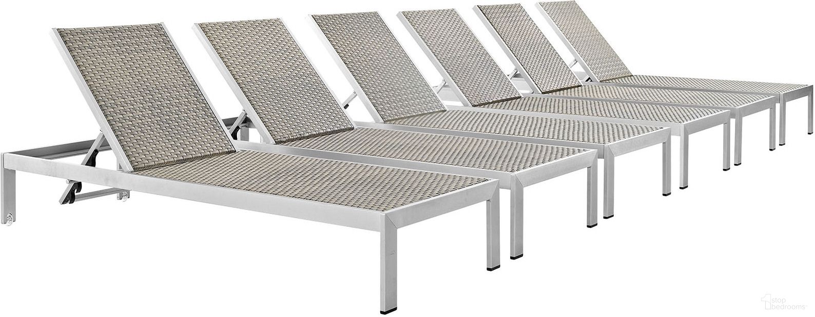 The appearance of Shore Silver Gray Chaise Outdoor Patio Aluminum Set of 6 EEI-2479-SLV-GRY-SET designed by Modway in the modern / contemporary interior design. This silver gray piece of furniture was selected by 1StopBedrooms from Shore Collection to add a touch of cosiness and style into your home. Sku: EEI-2250-SLV-GRY;EEI-2250-SLV-GRY;EEI-2250-SLV-GRY;EEI-2250-SLV-GRY;EEI-2250-SLV-GRY;EEI-2250-SLV-GRY. Material: Aluminum.
