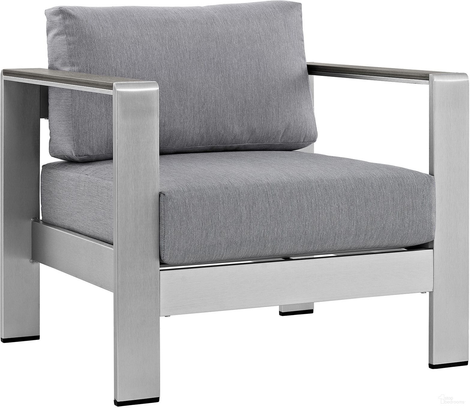 The appearance of Shore Silver Gray Outdoor Patio Aluminum Arm Chair designed by Modway in the modern / contemporary interior design. This silver gray piece of furniture  was selected by 1StopBedrooms from Shore Collection to add a touch of cosiness and style into your home. Sku: EEI-2266-SLV-GRY. Material: Polyester.