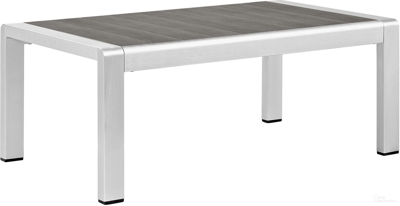 The appearance of Shore Silver Gray Outdoor Patio Aluminum Coffee Table designed by Modway in the modern / contemporary interior design. This silver gray piece of furniture was selected by 1StopBedrooms from Shore Collection to add a touch of cosiness and style into your home. Sku: EEI-2268-SLV-GRY. Material: Wood. Table Top Shape: Rectangular.