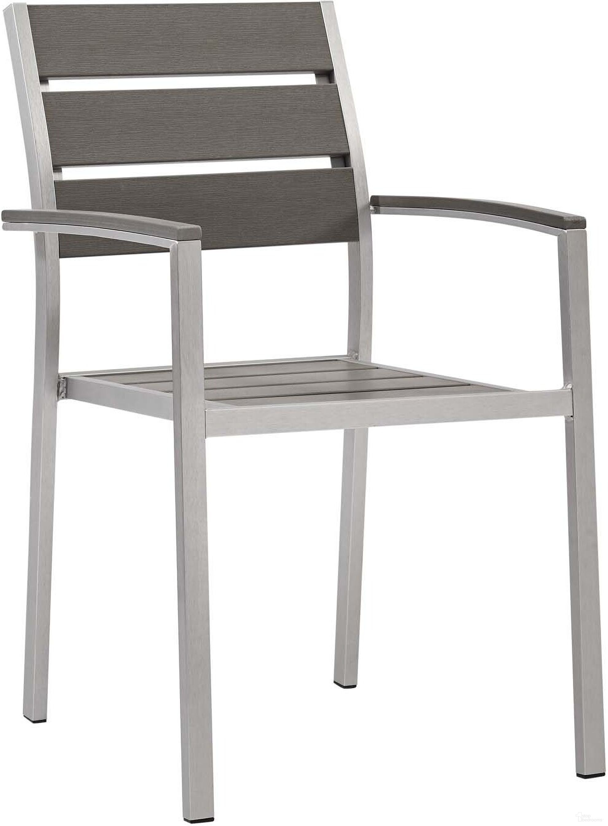 The appearance of Shore Silver Gray Outdoor Patio Aluminum Dining Arm Chair designed by Modway in the modern / contemporary interior design. This silver gray piece of furniture  was selected by 1StopBedrooms from Shore Collection to add a touch of cosiness and style into your home. Sku: EEI-3130-SLV-GRY. Material: Aluminum.