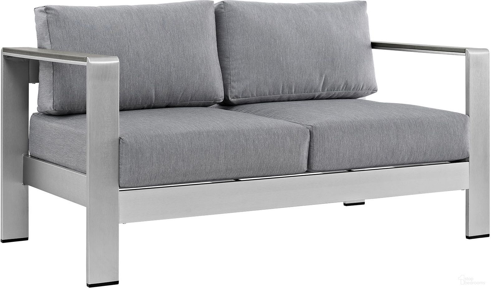 The appearance of Shore Silver Gray Outdoor Patio Aluminum Loveseat designed by Modway in the modern / contemporary interior design. This silver gray piece of furniture  was selected by 1StopBedrooms from Shore Collection to add a touch of cosiness and style into your home. Sku: EEI-2267-SLV-GRY. Material: Polyester.