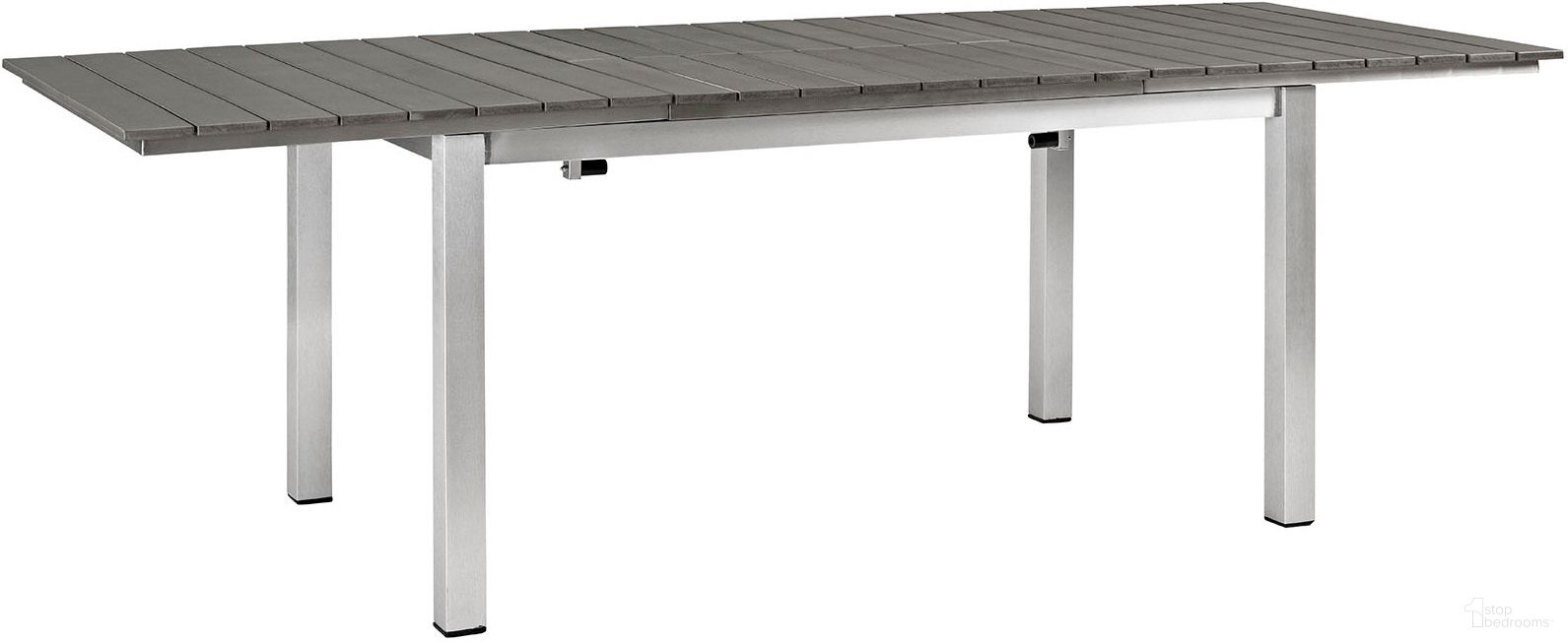 The appearance of Shore Silver Gray Outdoor Patio Wood Dining Table designed by Modway in the modern / contemporary interior design. This silver gray piece of furniture  was selected by 1StopBedrooms from Shore Collection to add a touch of cosiness and style into your home. Sku: EEI-2257-SLV-GRY. Material: Aluminum. Table Top Shape: Rectangular.