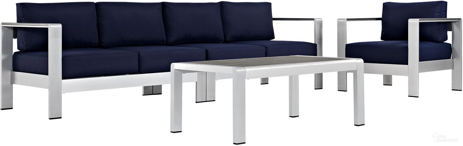 The appearance of Shore Silver Navy 4 Piece Outdoor Patio Aluminum Sectional Sofa Set EEI-2563-SLV-NAV designed by Modway in the modern / contemporary interior design. This silver navy piece of furniture  was selected by 1StopBedrooms from Shore Collection to add a touch of cosiness and style into your home. Sku: EEI-2262-SLV-NAV-E;EEI-2265-SLV-NAV-E;EEI-2266-SLV-NAV-E;EEI-2268-SLV-GRY. Material: Wood.