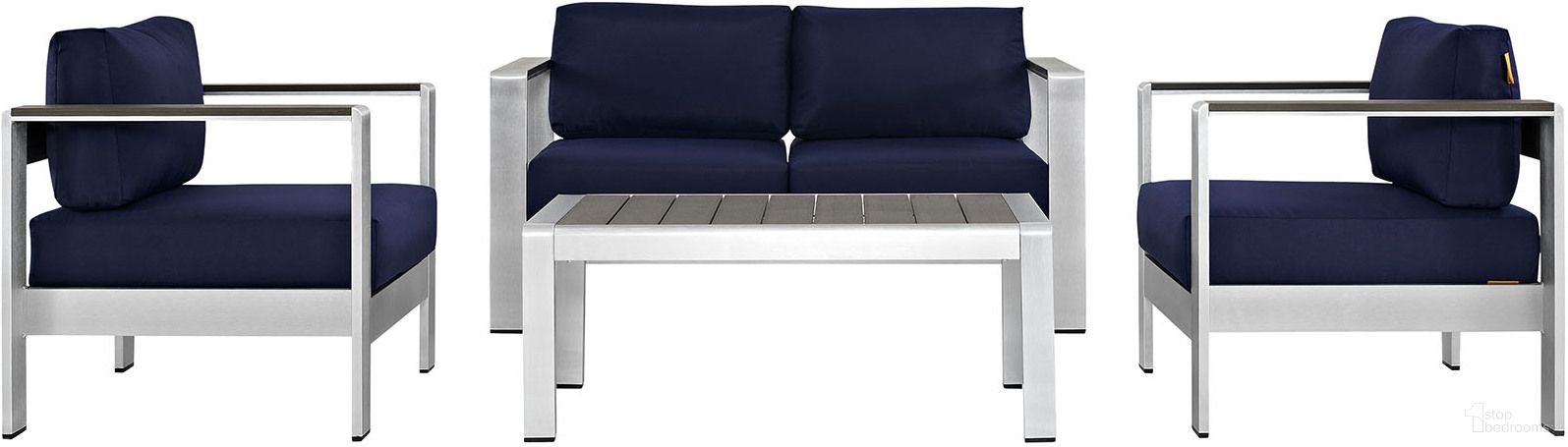 The appearance of Shore Silver Navy 4 Piece Outdoor Patio Aluminum Sectional Sofa Set EEI-2567-SLV-NAV designed by Modway in the modern / contemporary interior design. This silver navy piece of furniture was selected by 1StopBedrooms from Shore Collection to add a touch of cosiness and style into your home. Sku: EEI-2266-SLV-NAV-E;EEI-2267-SLV-NAV-E;EEI-2268-SLV-GRY;EEI-2266-SLV-NAV-E. Material: Wood.