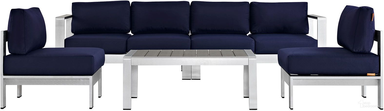 The appearance of Shore Silver Navy 5 Piece Outdoor Patio Aluminum Sectional Sofa Set EEI-2564-SLV-NAV designed by Modway in the modern / contemporary interior design. This silver navy piece of furniture was selected by 1StopBedrooms from Shore Collection to add a touch of cosiness and style into your home. Sku: EEI-2262-SLV-NAV-E;EEI-2263-SLV-NAV-E;EEI-2265-SLV-NAV-E;EEI-2268-SLV-GRY;EEI-2263-SLV-NAV-E. Material: Wood.