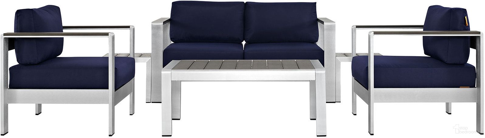 The appearance of Shore Silver Navy 6 Piece Outdoor Patio Aluminum Sectional Sofa Set EEI-2568-SLV-NAV designed by Modway in the modern / contemporary interior design. This silver navy piece of furniture was selected by 1StopBedrooms from Shore Collection to add a touch of cosiness and style into your home. Sku: EEI-2248-SLV-GRY;EEI-2266-SLV-NAV-E;EEI-2267-SLV-NAV-E;EEI-2268-SLV-GRY;EEI-2248-SLV-GRY;EEI-2266-SLV-NAV-E. Material: Wood.