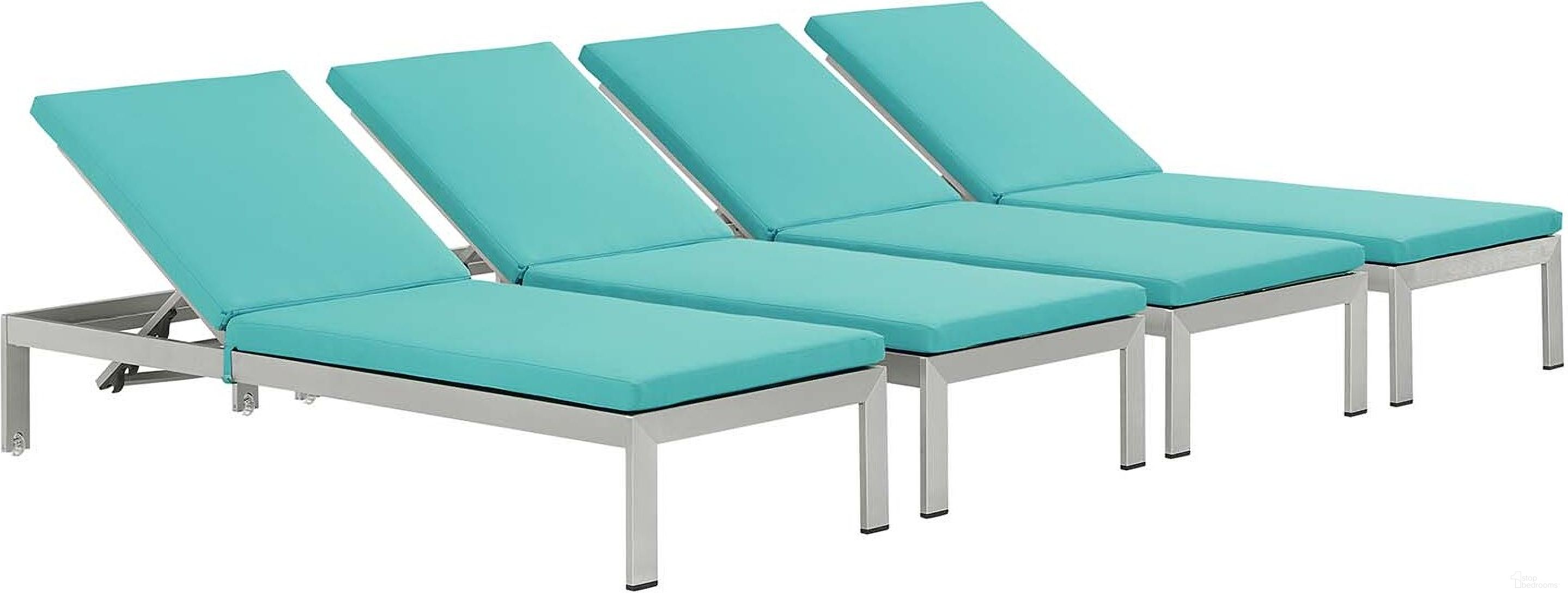 The appearance of Shore Silver Turquoise Chaise with Cushions Outdoor Patio Aluminum Set of 4 designed by Modway in the modern / contemporary interior design. This silver turquoise piece of furniture  was selected by 1StopBedrooms from Shore Collection to add a touch of cosiness and style into your home. Sku: EEI-2249-CUS-TRQ;EEI-2249-SLV-BLK;EEI-2249-CUS-TRQ;EEI-2249-SLV-BLK;EEI-2249-CUS-TRQ;EEI-2249-SLV-BLK;EEI-2249-CUS-TRQ;EEI-2249-SLV-BLK. Material: Aluminum.