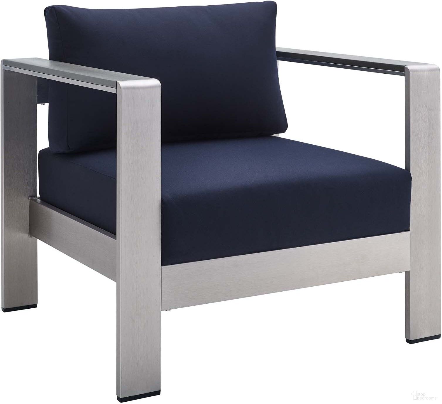 The appearance of Shore Sunbrella Fabric Aluminum Outdoor Patio Armchair In Silver/Navy designed by Modway in the modern / contemporary interior design. This silver navy piece of furniture was selected by 1StopBedrooms from Shore Collection to add a touch of cosiness and style into your home. Sku: EEI-4225-SLV-NAV. Material: Foam.