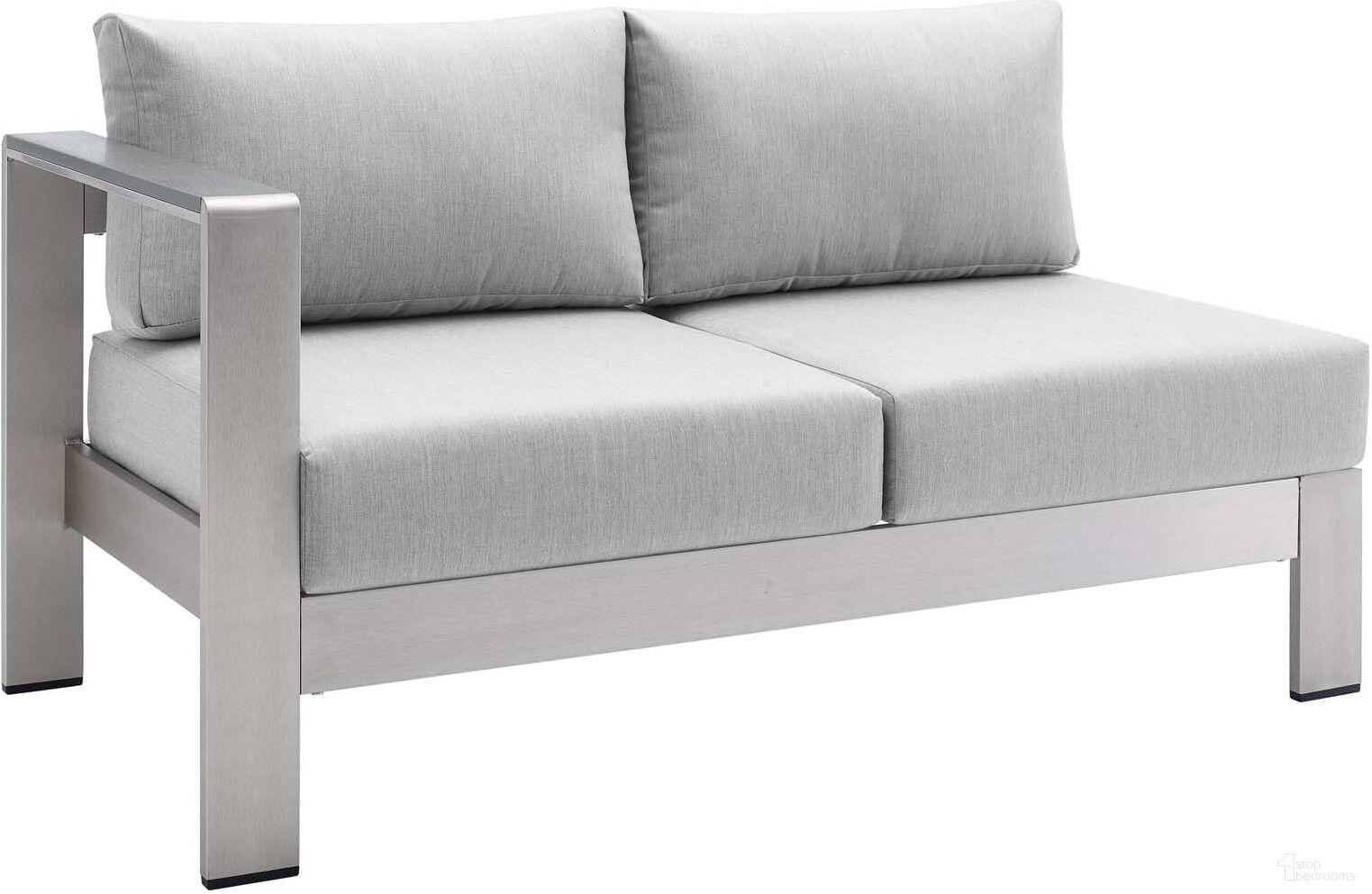 The appearance of Shore Sunbrella Fabric Aluminum Outdoor Patio Left-Arm Loveseat EEI-4223-SLV-GRY designed by Modway in the modern / contemporary interior design. This silver gray piece of furniture  was selected by 1StopBedrooms from Shore Collection to add a touch of cosiness and style into your home. Sku: EEI-4223-SLV-GRY. Material: Foam.