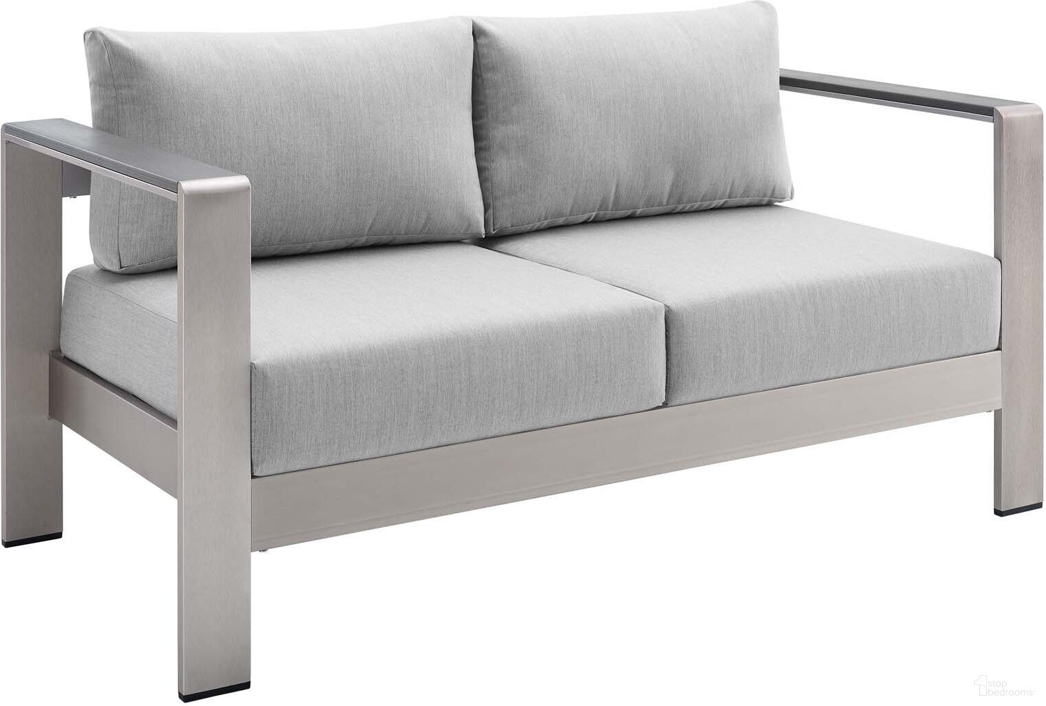 The appearance of Shore Sunbrella Fabric Aluminum Outdoor Patio Loveseat EEI-4226-SLV-GRY designed by Modway in the modern / contemporary interior design. This silver gray piece of furniture  was selected by 1StopBedrooms from Shore Collection to add a touch of cosiness and style into your home. Sku: EEI-4226-SLV-GRY. Material: Foam.