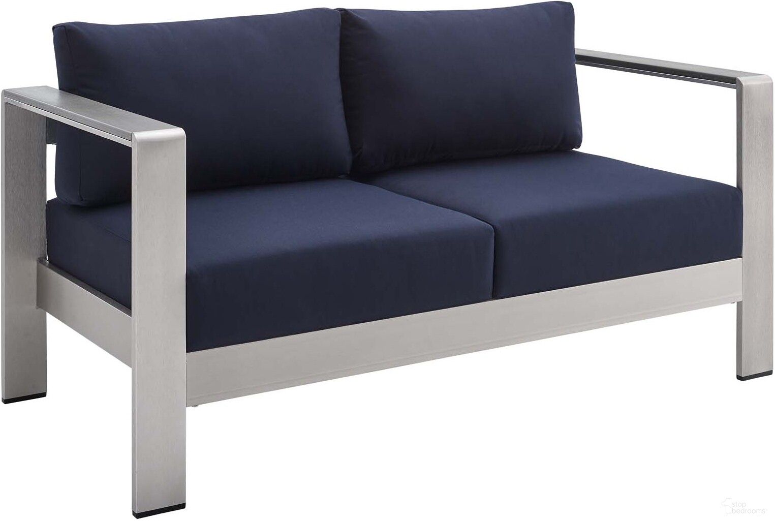 The appearance of Shore Sunbrella Fabric Aluminum Outdoor Patio Loveseat EEI-4226-SLV-NAV designed by Modway in the modern / contemporary interior design. This silver navy piece of furniture was selected by 1StopBedrooms from Shore Collection to add a touch of cosiness and style into your home. Sku: EEI-4226-SLV-NAV. Material: Foam.