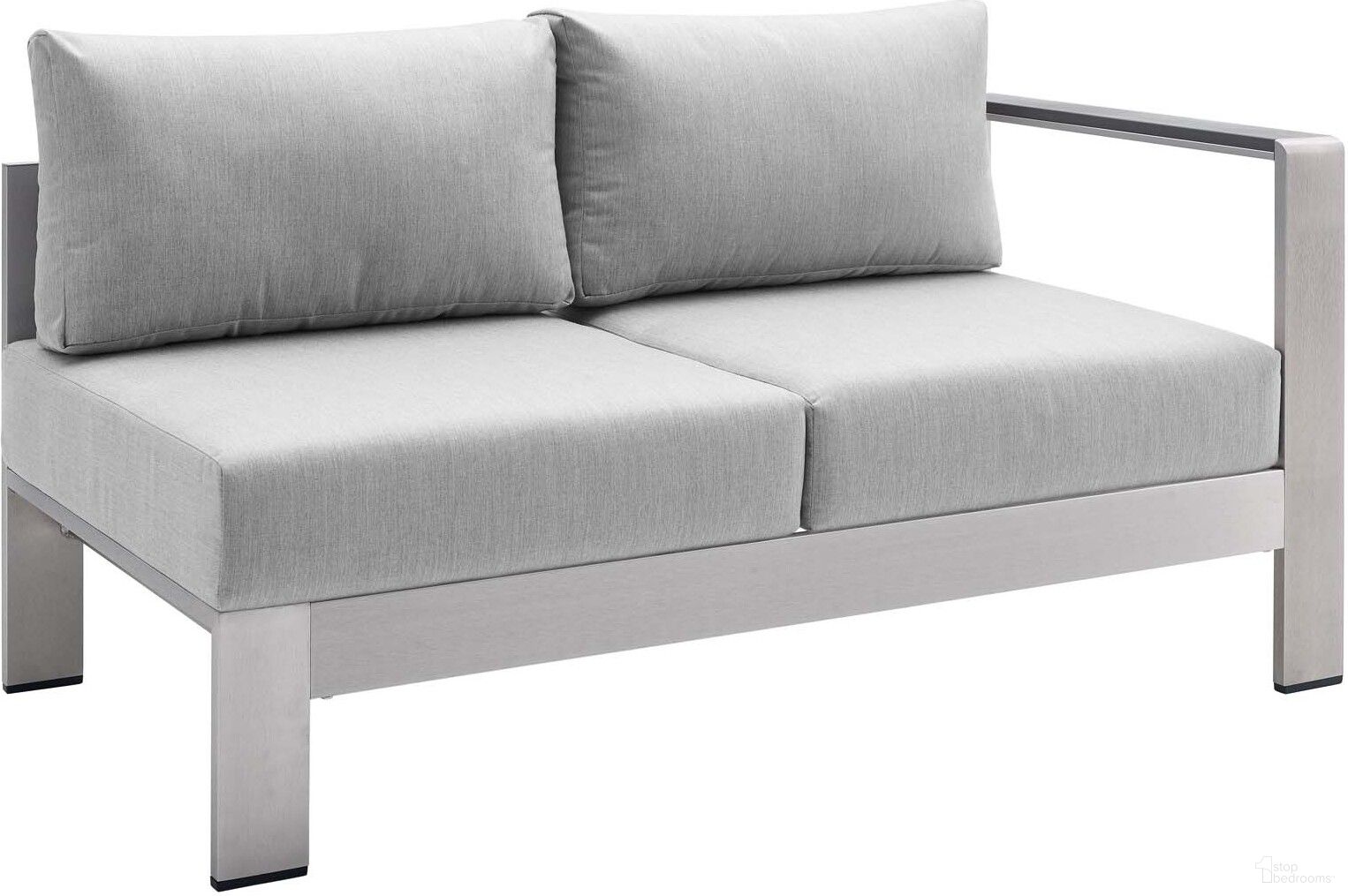 The appearance of Shore Sunbrella Fabric Aluminum Outdoor Patio Right-Arm Loveseat EEI-4222-SLV-GRY designed by Modway in the modern / contemporary interior design. This silver gray piece of furniture was selected by 1StopBedrooms from Shore Collection to add a touch of cosiness and style into your home. Sku: EEI-4222-SLV-GRY. Material: Foam.