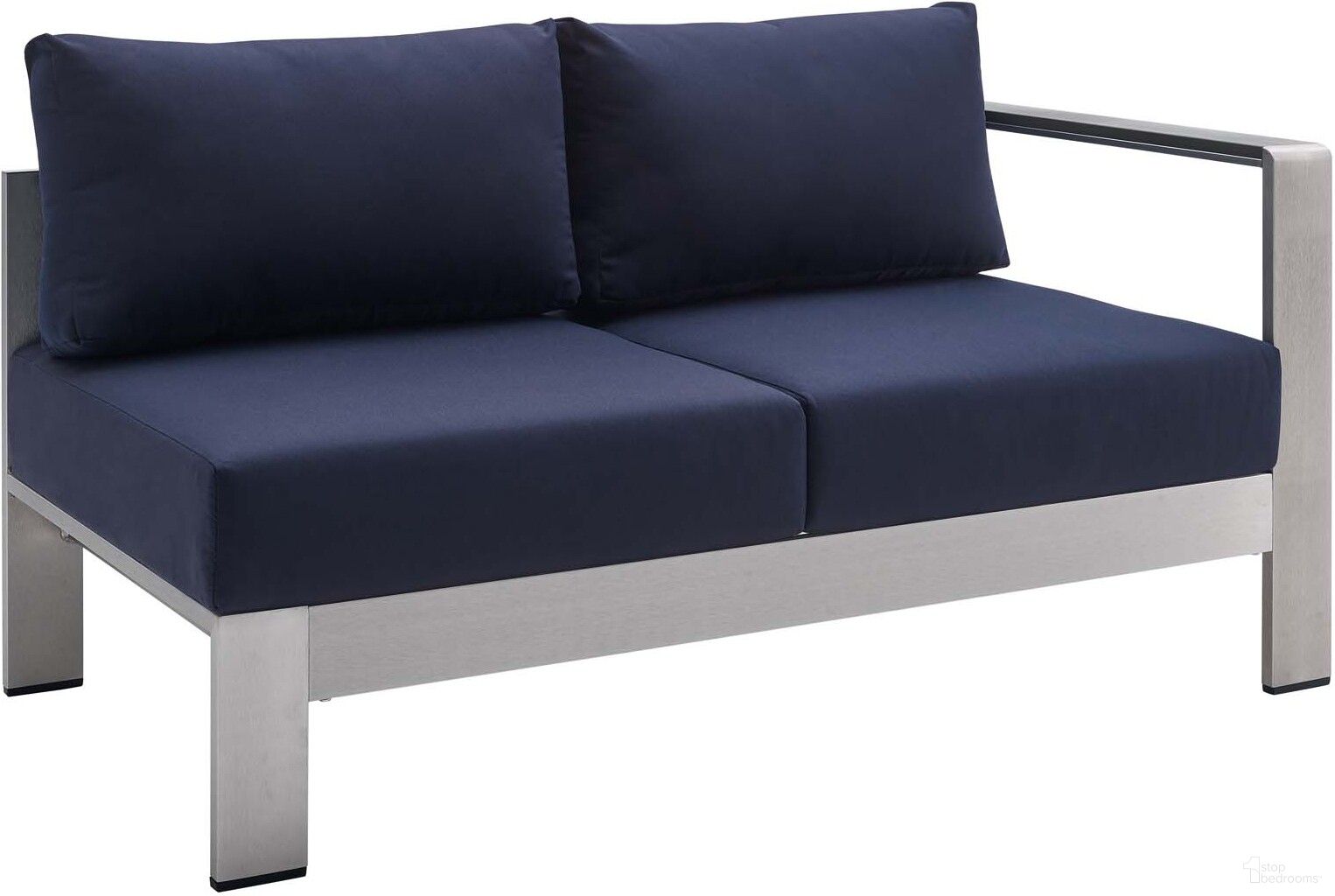 The appearance of Shore Sunbrella Fabric Aluminum Outdoor Patio Right-Arm Loveseat EEI-4222-SLV-NAV designed by Modway in the modern / contemporary interior design. This silver navy piece of furniture was selected by 1StopBedrooms from Shore Collection to add a touch of cosiness and style into your home. Sku: EEI-4222-SLV-NAV. Material: Foam.
