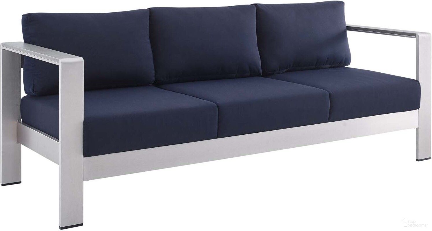 The appearance of Shore Sunbrella Fabric Aluminum Outdoor Patio Sofa EEI-4228-SLV-NAV designed by Modway in the modern / contemporary interior design. This silver navy piece of furniture was selected by 1StopBedrooms from Shore Collection to add a touch of cosiness and style into your home. Sku: EEI-4228-SLV-NAV. Material: Foam.
