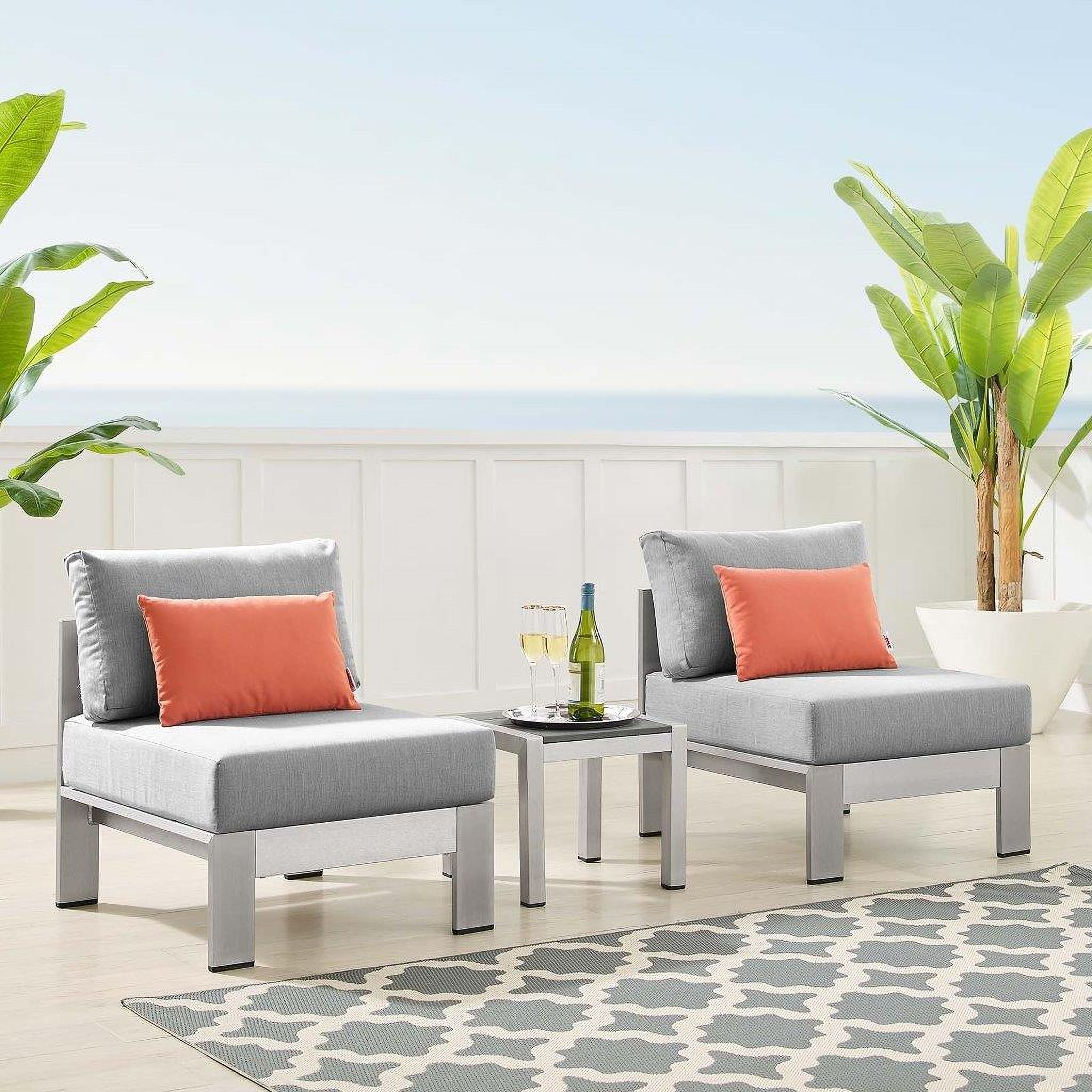 The appearance of Shore Sunbrella Fabric Outdoor Patio Aluminum 3 Piece Set EEI-4312-SLV-GRY-SET designed by Modway in the modern / contemporary interior design. This silver gray piece of furniture was selected by 1StopBedrooms from Shore Collection to add a touch of cosiness and style into your home. Sku: EEI-2248-SLV-GRY;EEI-4227-SLV-GRY;EEI-4227-SLV-GRY. Material: Foam.
