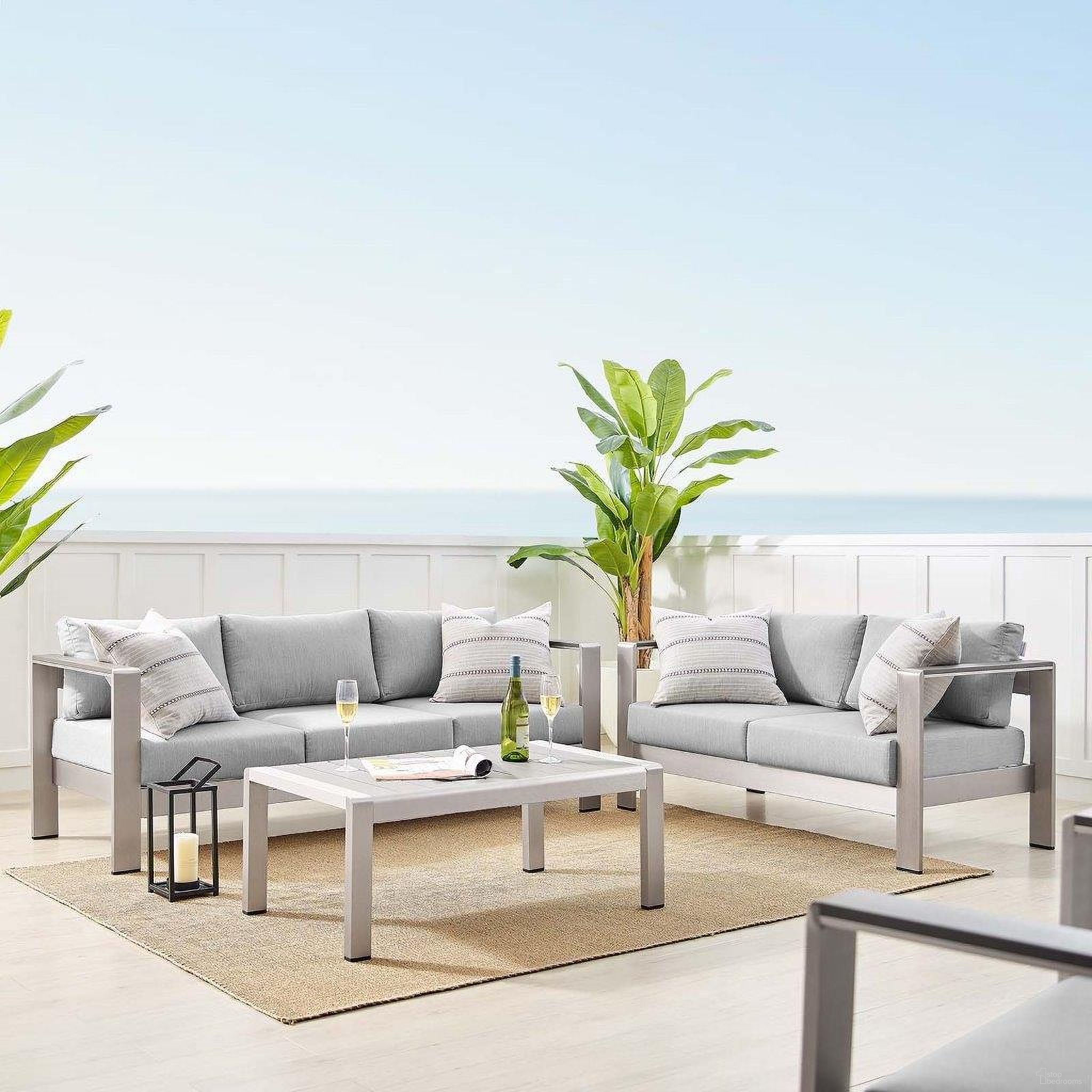 The appearance of Shore Sunbrella Fabric Outdoor Patio Aluminum 3 Piece Set In Silver Gray designed by Modway in the modern / contemporary interior design. This silver gray piece of furniture was selected by 1StopBedrooms from Shore Collection to add a touch of cosiness and style into your home. Sku: EEI-2268-SLV-GRY;EEI-4226-SLV-GRY;EEI-4228-SLV-GRY. Material: Foam.