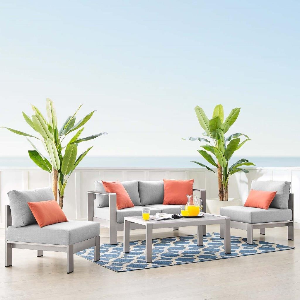 The appearance of Shore Sunbrella Fabric Outdoor Patio Aluminum 4 Piece Set EEI-4315-SLV-GRY-SET designed by Modway in the modern / contemporary interior design. This silver gray piece of furniture was selected by 1StopBedrooms from Shore Collection to add a touch of cosiness and style into your home. Sku: EEI-2268-SLV-GRY;EEI-4226-SLV-GRY;EEI-4227-SLV-GRY;EEI-4227-SLV-GRY. Material: Foam.