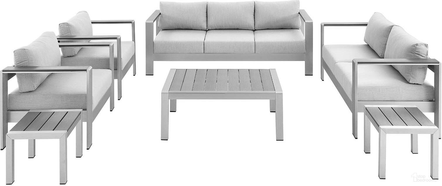 The appearance of Shore Sunbrella Fabric Outdoor Patio Aluminum 7 Piece Set In Silver Gray designed by Modway in the modern / contemporary interior design. This silver gray piece of furniture  was selected by 1StopBedrooms from Shore Collection to add a touch of cosiness and style into your home. Sku: EEI-2248-SLV-GRY;EEI-2248-SLV-GRY;EEI-2268-SLV-GRY;EEI-4225-SLV-GRY;EEI-4225-SLV-GRY;EEI-4226-SLV-GRY;EEI-4228-SLV-GRY. Material: Fabric.