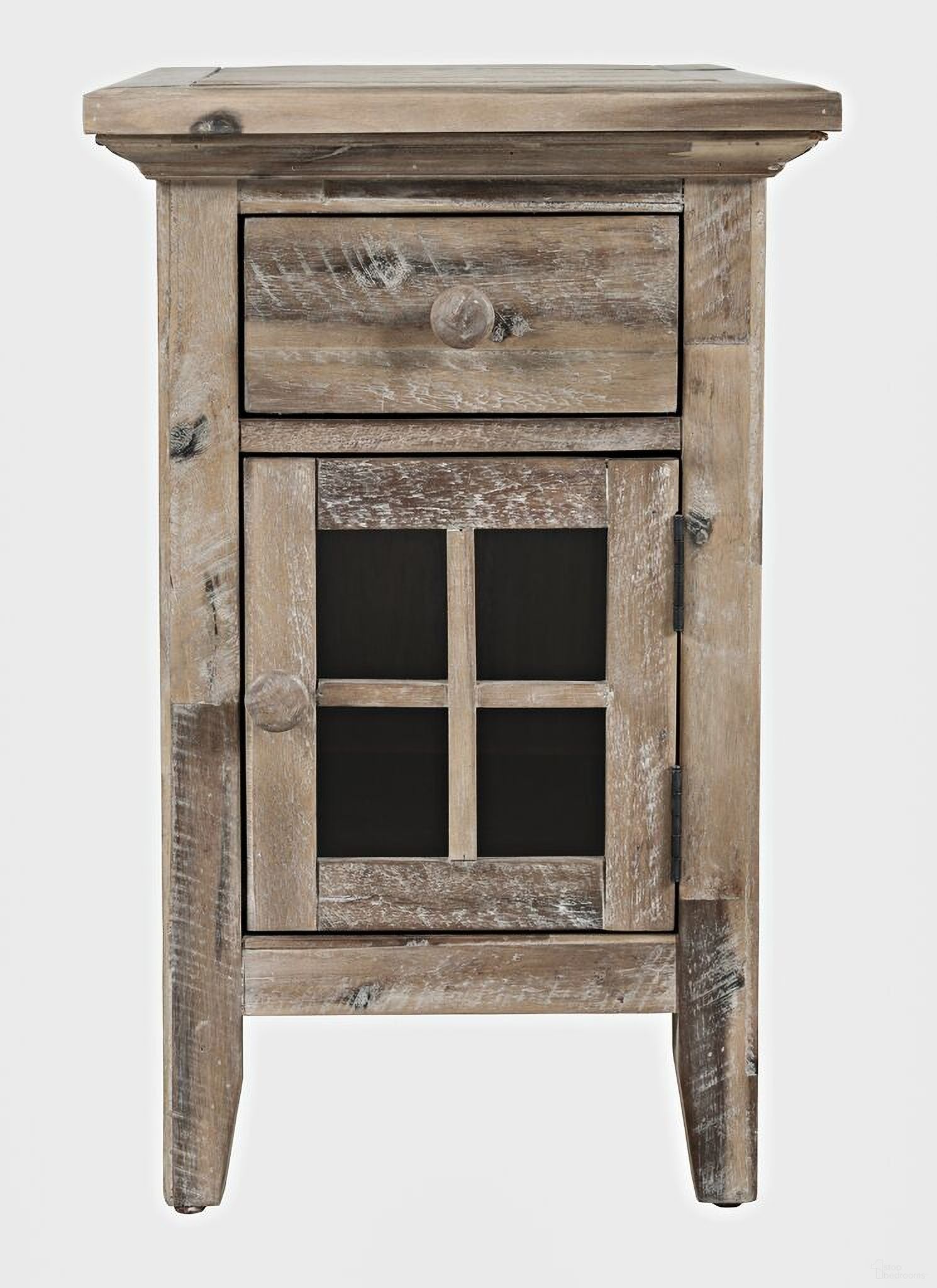 The appearance of Rustic Shores USB Charging Chairside End Table In Grey Wash designed by Jofran in the country / farmhouse interior design. This grey wash piece of furniture  was selected by 1StopBedrooms from Rustic Shores Collection to add a touch of cosiness and style into your home. Sku: 2125-22. Material: Acacia.