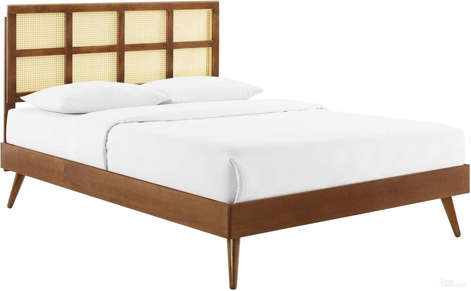 Sidney Cane and Wood Full Platform Bed With Splayed Legs In Walnut
