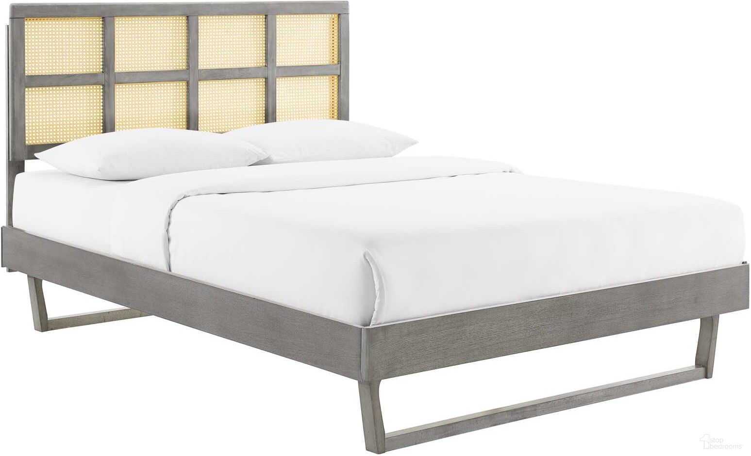 Sidney Cane and Wood Queen Platform Bed With Angular Legs In Gray