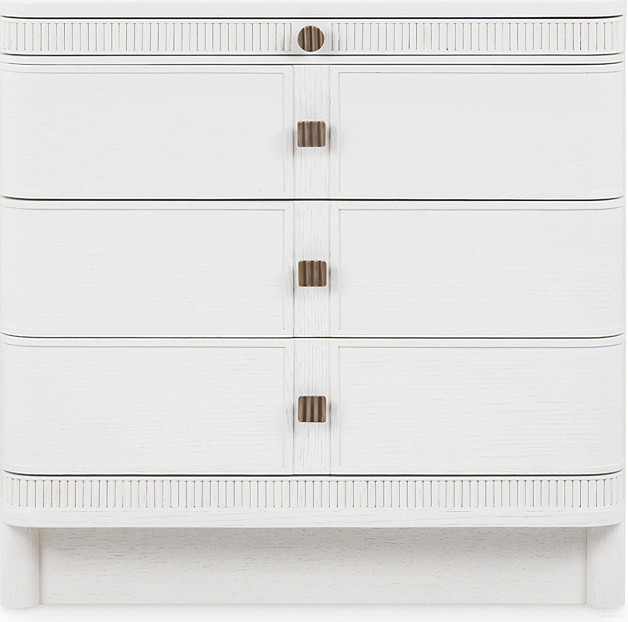 The appearance of Sienna 3-Drawer Side Table In Glazed Whisper White designed by Villa & House in the transitional interior design. This glazed whisper white piece of furniture  was selected by 1StopBedrooms from Sienna Collection to add a touch of cosiness and style into your home. Sku: SIE-130-950-884. Material: Oak.