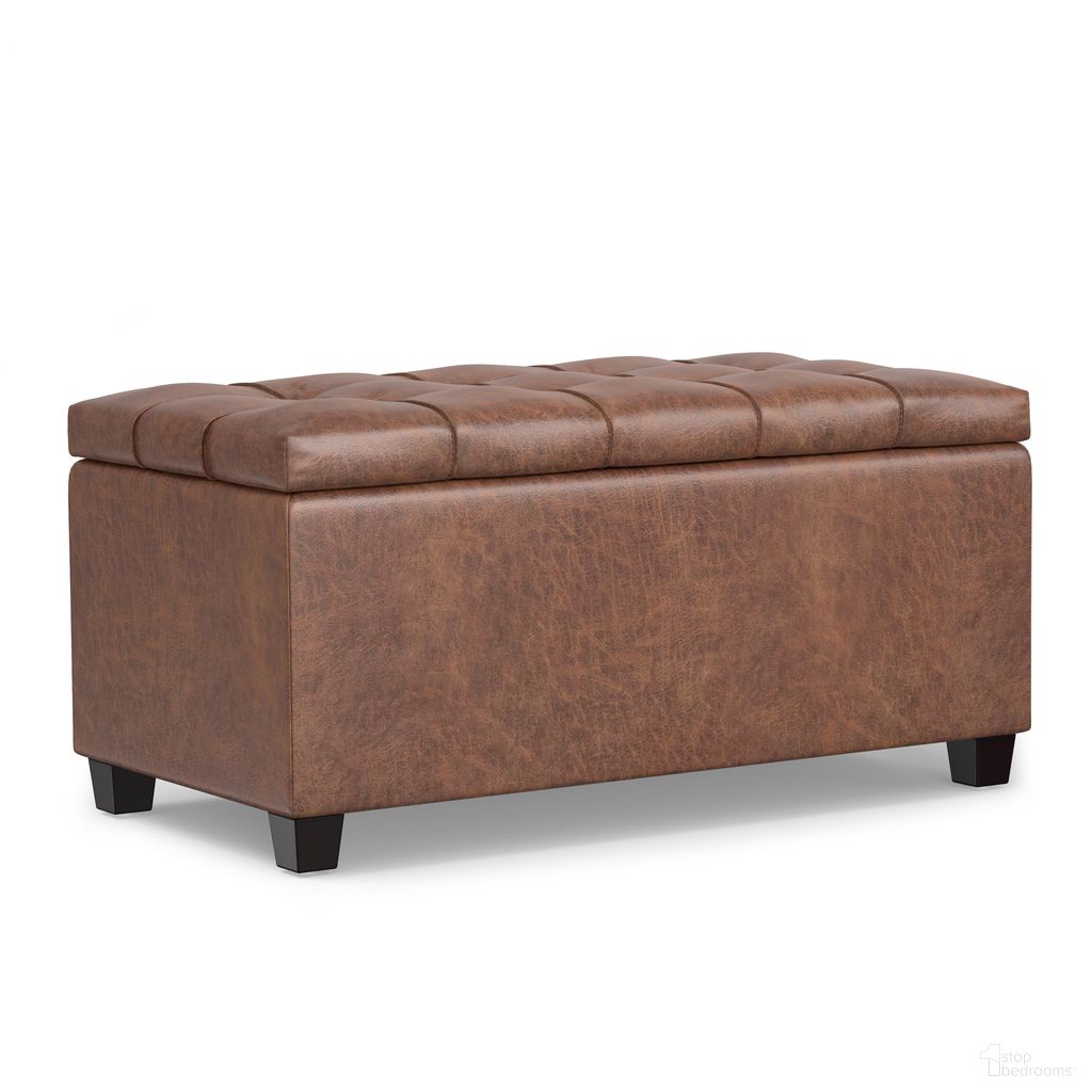Sienna Vegan Faux Leather Storage Ottoman Bench In Distressed Saddle Brown