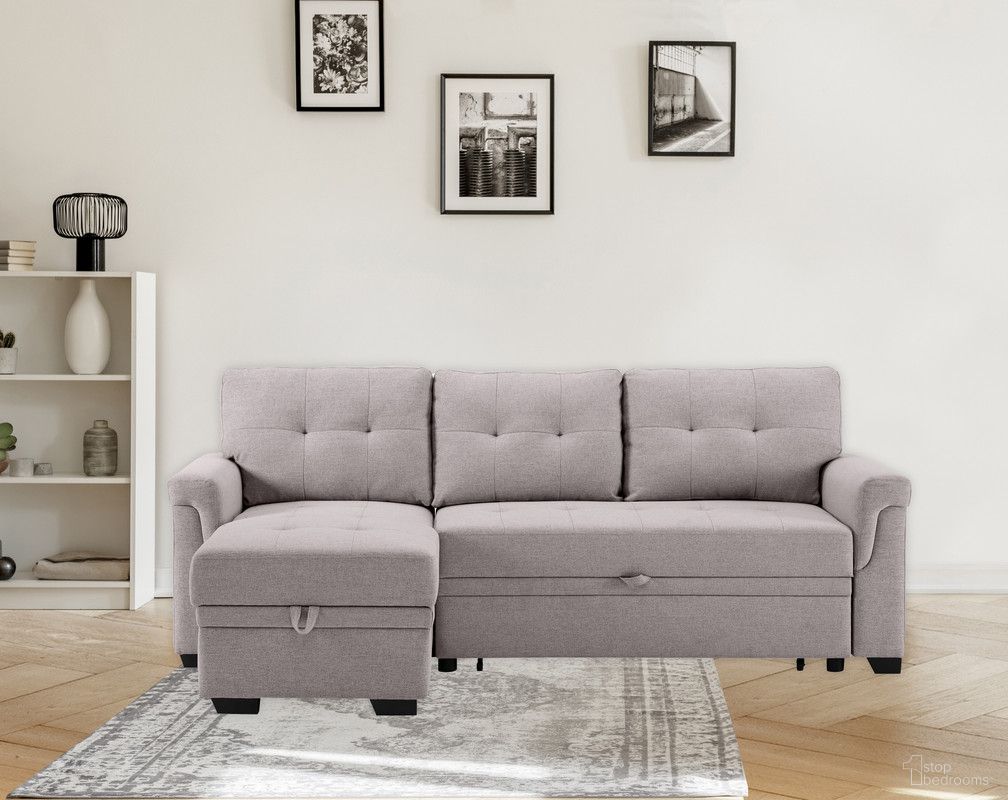 The appearance of Sierra 84 Inch Linen Reversible Sleeper Sectional Sofa with Storage Chaise In Light Gray designed by Lilola Home in the modern / contemporary interior design. This light gray piece of furniture  was selected by 1StopBedrooms from Sierra Collection to add a touch of cosiness and style into your home. Sku: 781340. Material: Wood. Layout: Sofa & Chaise.