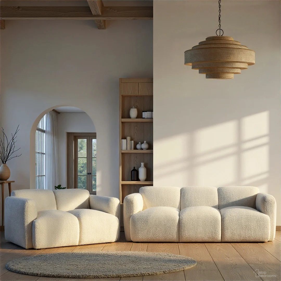 Sierra Living Room Set with Rounded Arms In Ivory