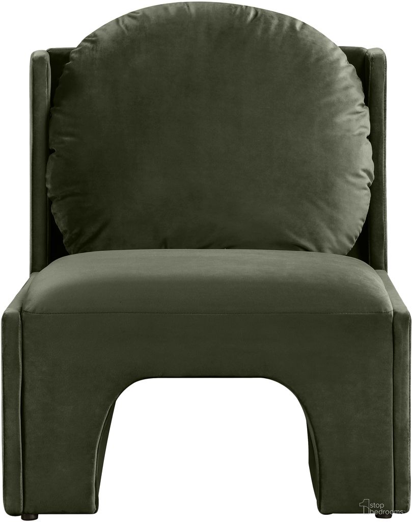 The appearance of Sigma Velvet Accent Chair In Green Velvet designed by Meridian in the modern / contemporary interior design. This green velvet piece of furniture  was selected by 1StopBedrooms from Sigma Collection to add a touch of cosiness and style into your home. Sku: 33031Green. Material: Velvet.