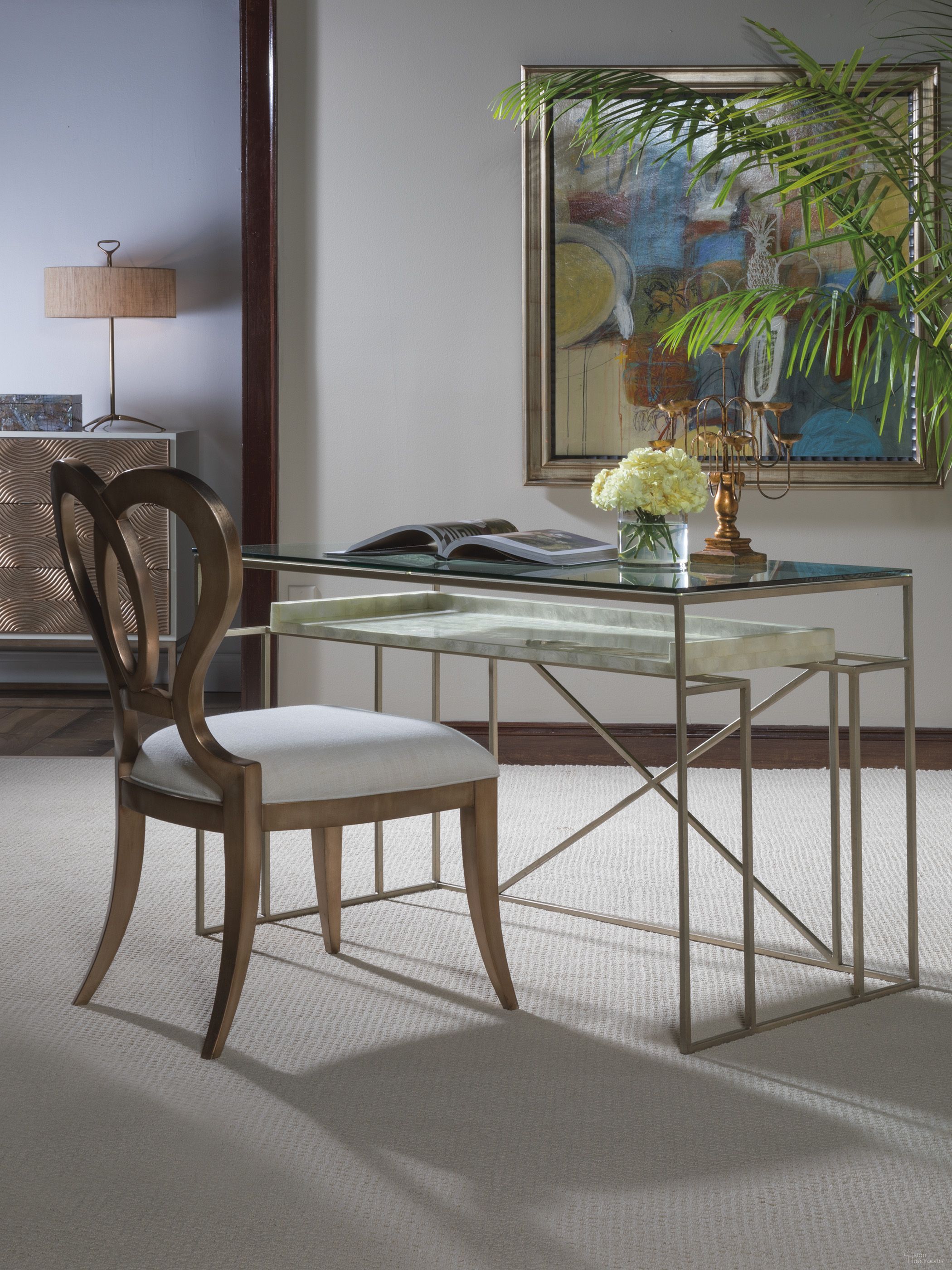 The appearance of Signature Designs Champagne Foil And Capiz Shell Cumulus Writing Home Office Set designed by Artistica Home in the modern / contemporary interior design. This champagne piece of furniture was selected by 1StopBedrooms from Signature Designs Collection to add a touch of cosiness and style into your home. Sku: 2156-933C;2087-880-01. Material: Metal.