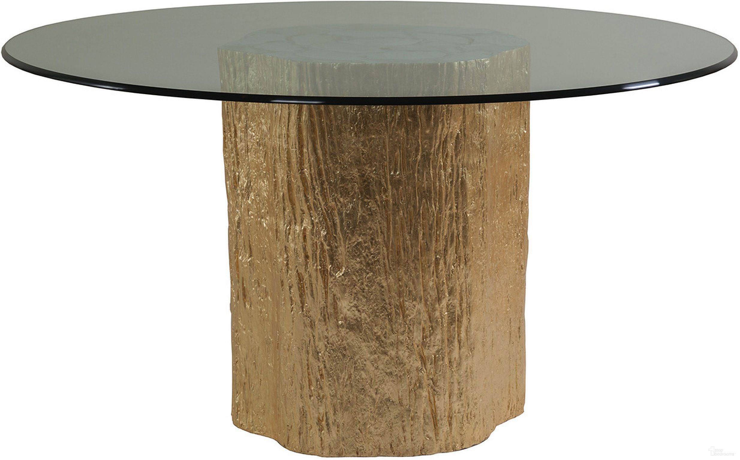 The appearance of Signature Designs Trunk Segment Round Dining Table with Glass Top In Gold designed by Artistica Home in the transitional interior design. This gold piece of furniture was selected by 1StopBedrooms from Signature Designs Collection to add a touch of cosiness and style into your home. Sku: 2036-870-56C. Table Base Style: Pedestal. Table Top Shape: Round. Size: 56". Material: Gold.