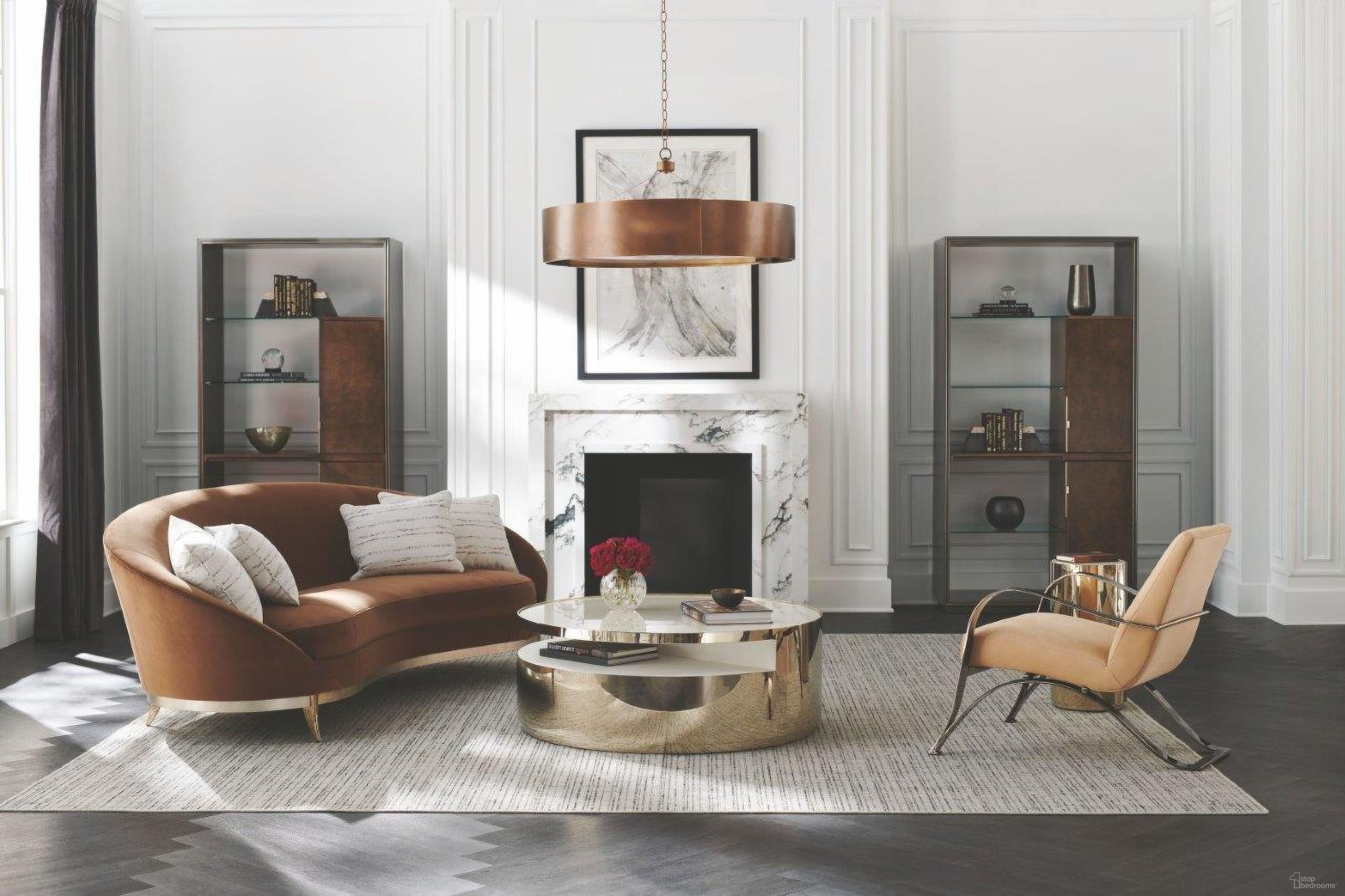 The appearance of Signature Metropolitan Warm Caramel Main Event Living Room Set designed by Caracole in the transitional interior design. This brown piece of furniture  was selected by 1StopBedrooms from Signature Metropolitan Collection to add a touch of cosiness and style into your home. Sku: SGU-021-011-A;SGU-021-032-A. Material: Velvet.