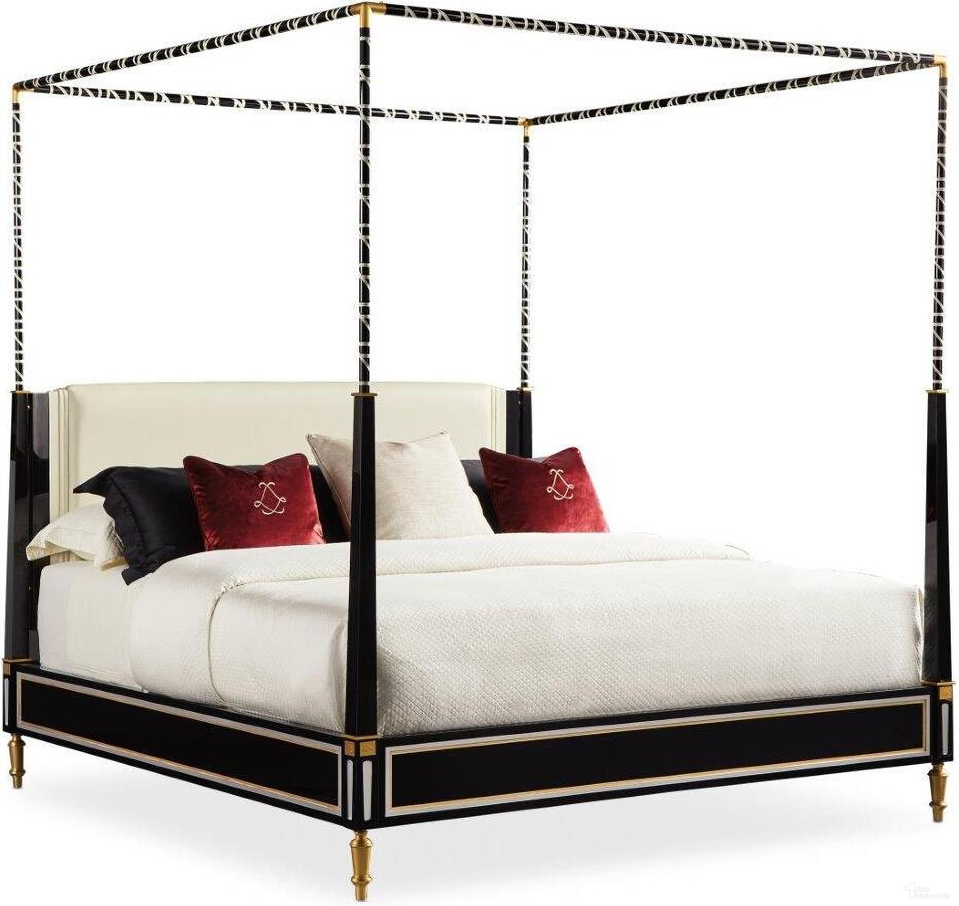 The appearance of Caracole Signature Promethean Couturier Canopy King Bed designed by Caracole in the transitional interior design. This brass and black piece of furniture was selected by 1StopBedrooms from Signature Promethean Collection to add a touch of cosiness and style into your home. Sku: SIG-419-122C;SIG-419-122H;SIG-419-102R;SIG-419-127F. Bed Type: Canopy Bed. Bed Size: King. Material: Brass.
