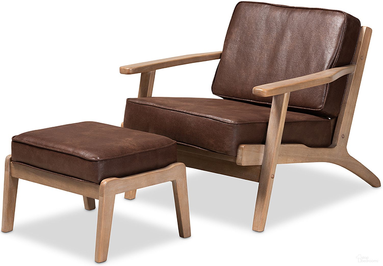 The appearance of Sigrid Mid-Century Modern Dark Brown Faux Leather Effect Fabric Upholstered Antique Oak Finished 2-Piece Wood Armchair And Ottoman Set designed by Baxton Studio in the transitional interior design. This dark brown piece of furniture was selected by 1StopBedrooms from Sigrid Collection to add a touch of cosiness and style into your home. Sku: Sigrid-Dark Brown/Antique Oak-2PC Set. Material: Rubberwood.