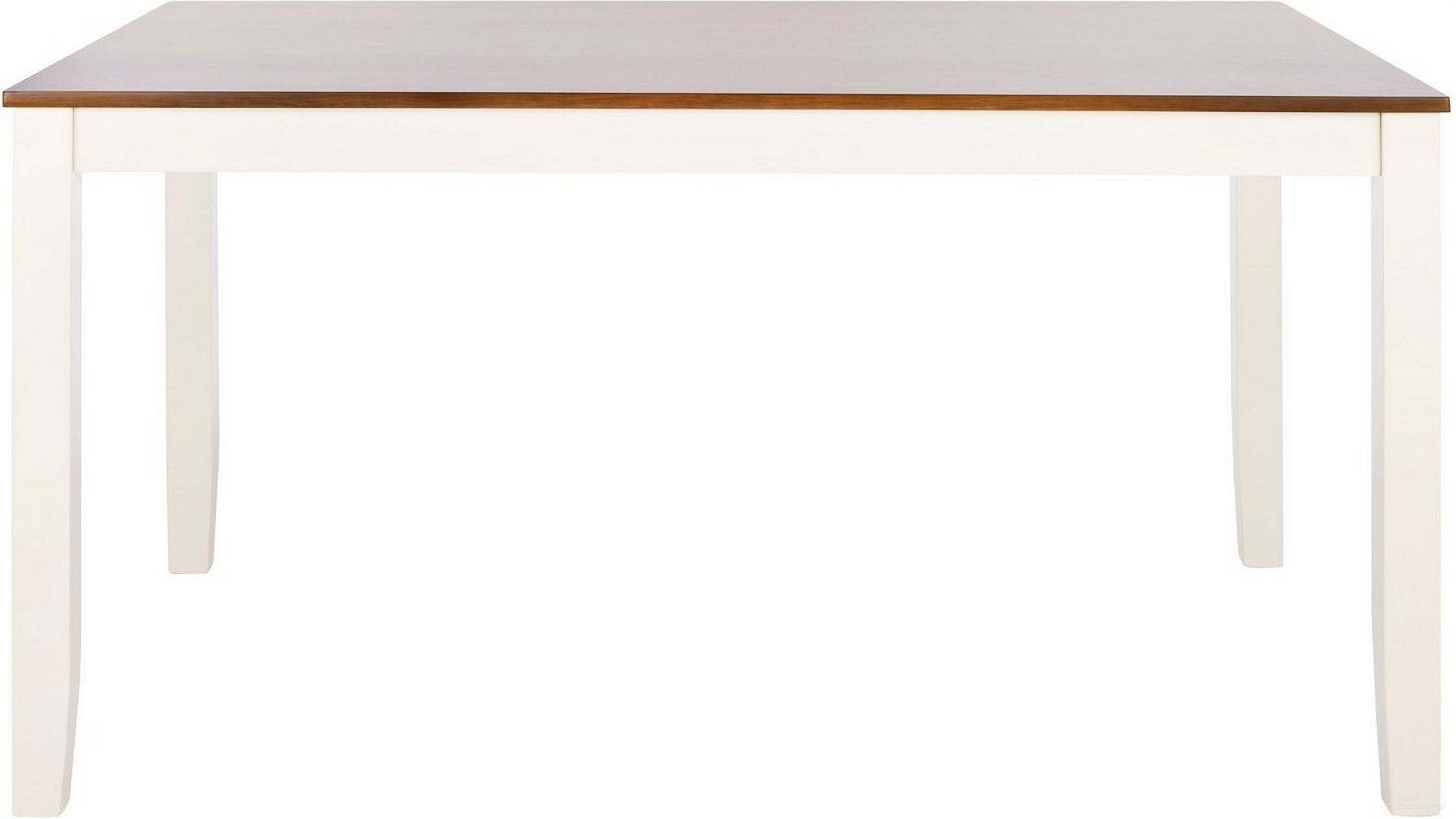 The appearance of Silio Rectangle Dining Table in White and Natural designed by Safavieh in the modern / contemporary interior design. This white/natural piece of furniture was selected by 1StopBedrooms from Silio Collection to add a touch of cosiness and style into your home. Sku: DTB9213A. Table Base Style: Legs. Material: Wood. Table Top Shape: Rectangular. Size: 36" x 57".