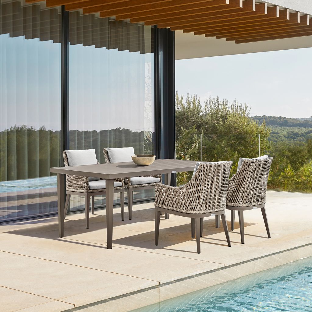 The appearance of Silvana 5-Piece Gray Aluminum Outdoor Dining Set with Gray Fabric designed by Armen Living in the modern / contemporary interior design. This gray piece of furniture  was selected by 1StopBedrooms from Silvana Collection to add a touch of cosiness and style into your home. Sku: 840254332928;840254332911;840254332911. Table Base Style: Legs. Material: Aluminum.