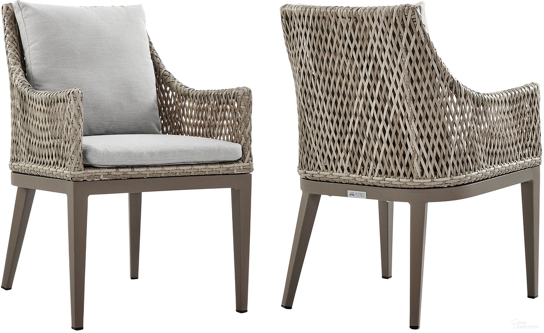 The appearance of Silvana Outdoor Wicker and Aluminum Gray Dining Chair Set of 2 with Beige Cushions designed by Armen Living in the modern / contemporary interior design. This beige piece of furniture was selected by 1StopBedrooms from Silvana Collection to add a touch of cosiness and style into your home. Sku: 840254332911. Material: Aluminum.